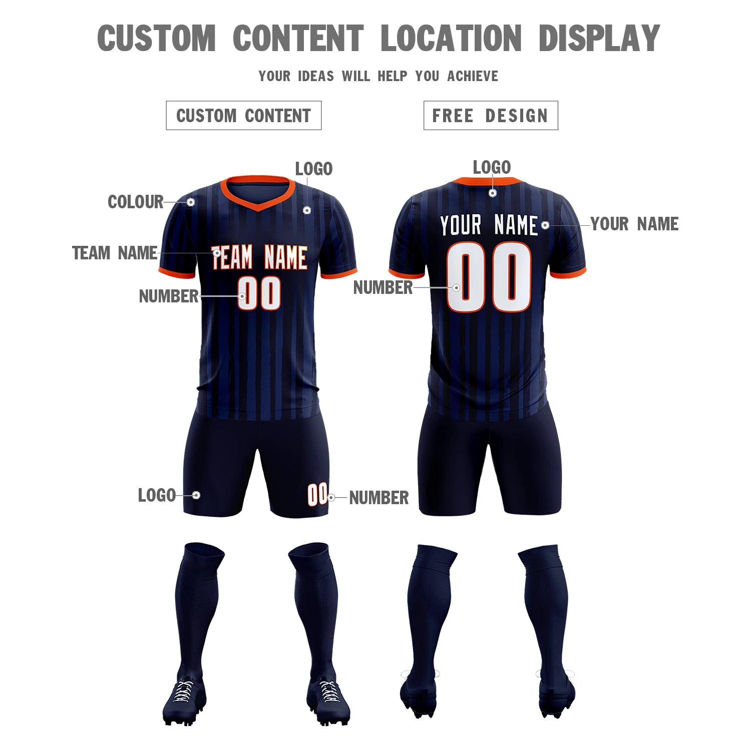 Custom Navy Orange Breathable Soccer Sets Jersey