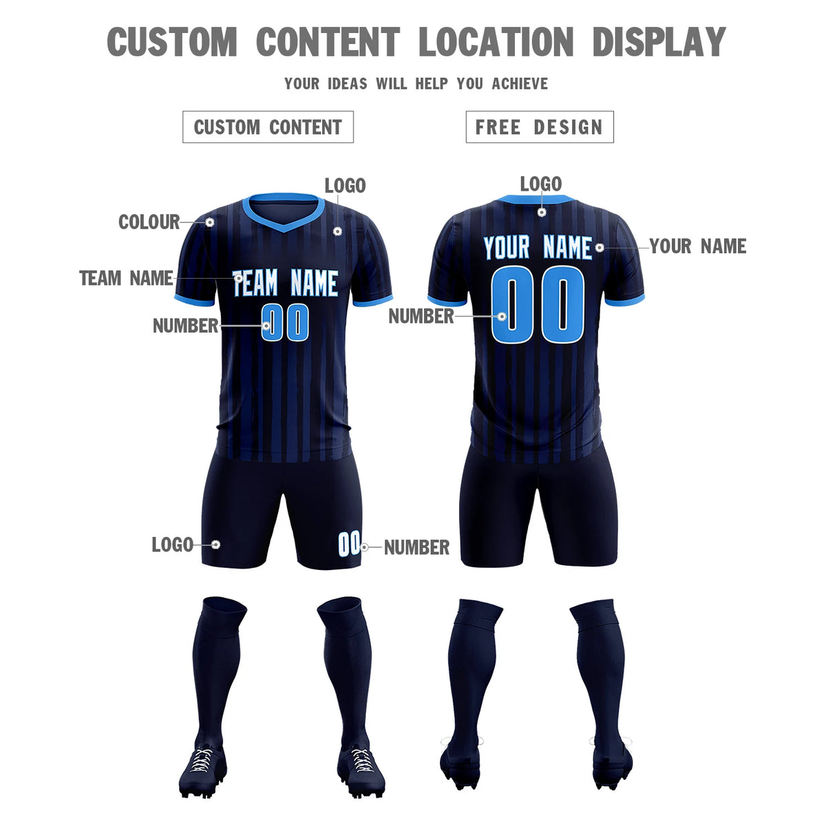 Custom Navy Powder Blue Breathable Soccer Sets Jersey
