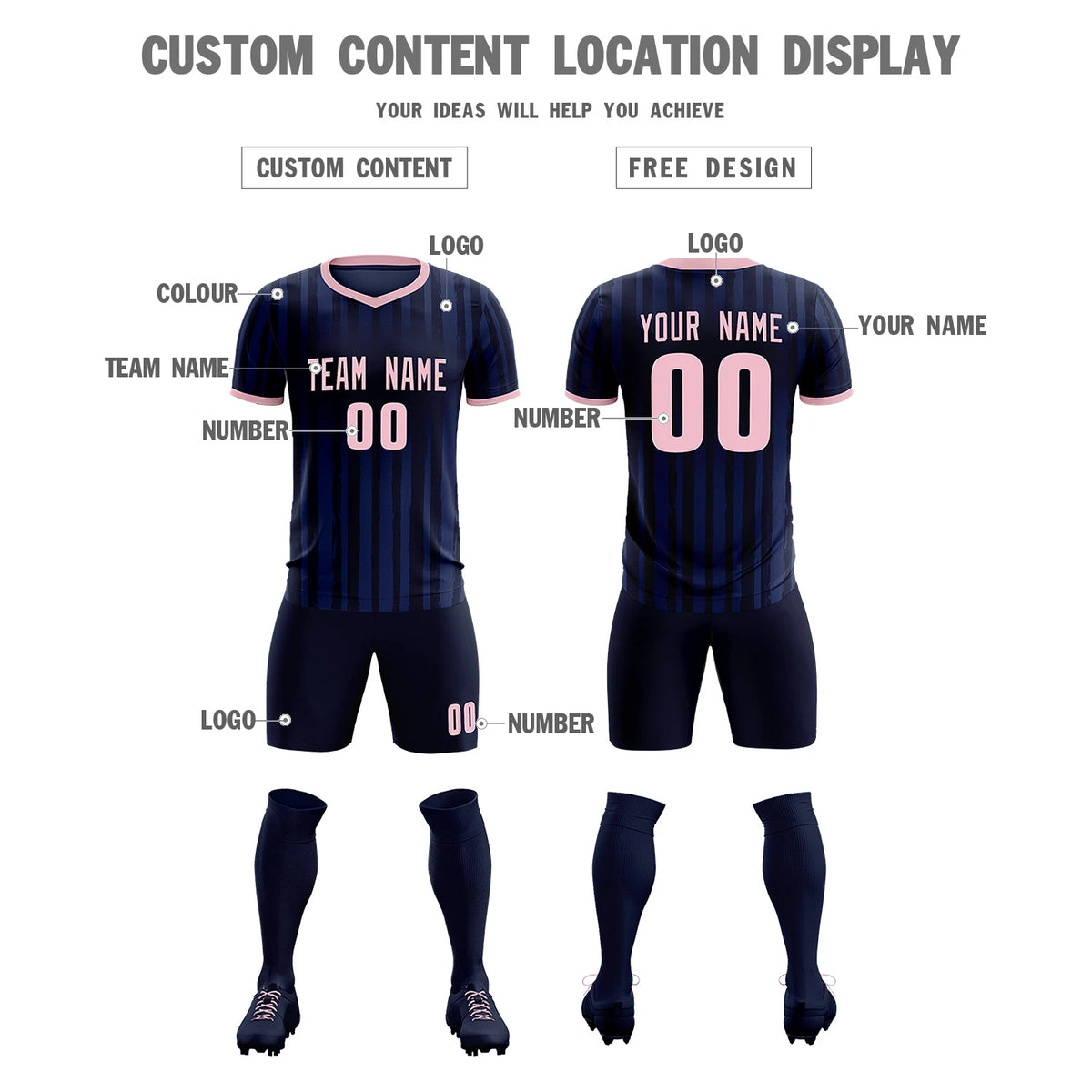 Custom Navy Light Pink Breathable Soccer Sets Jersey
