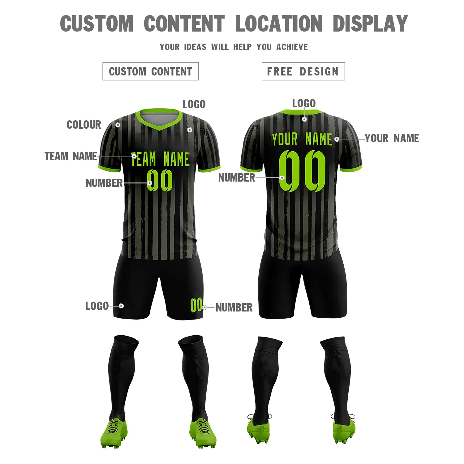 Custom Black Neon Green Breathable Soccer Sets Jersey