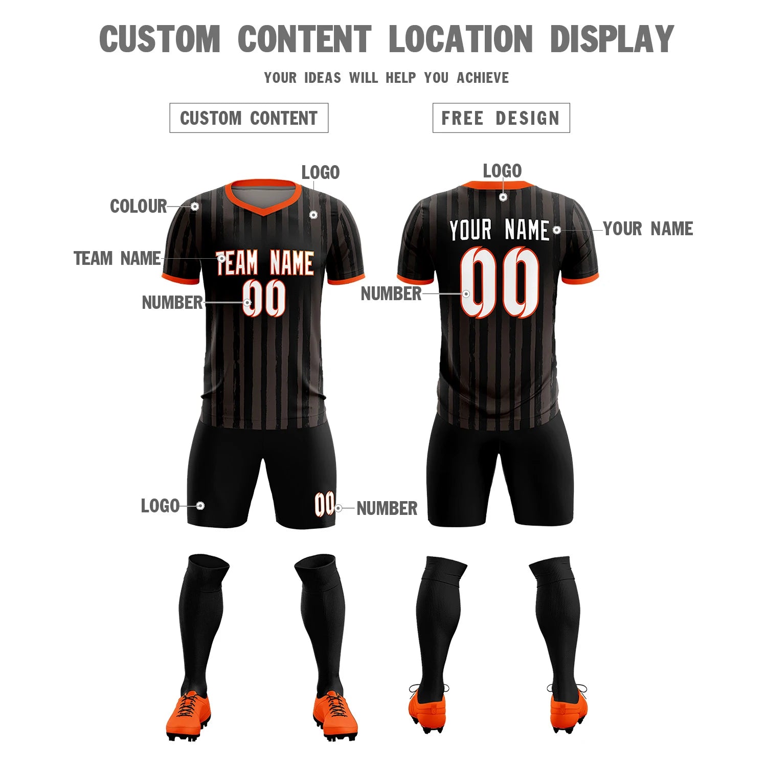 Custom Black Orange Breathable Soccer Sets Jersey