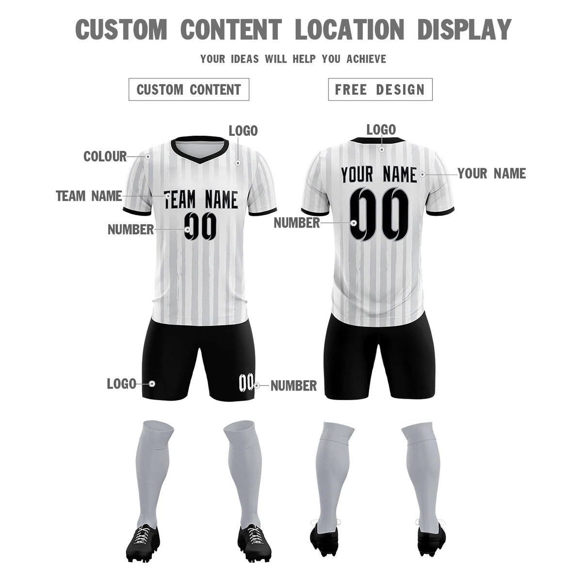 Custom White Black Breathable Soccer Sets Jersey