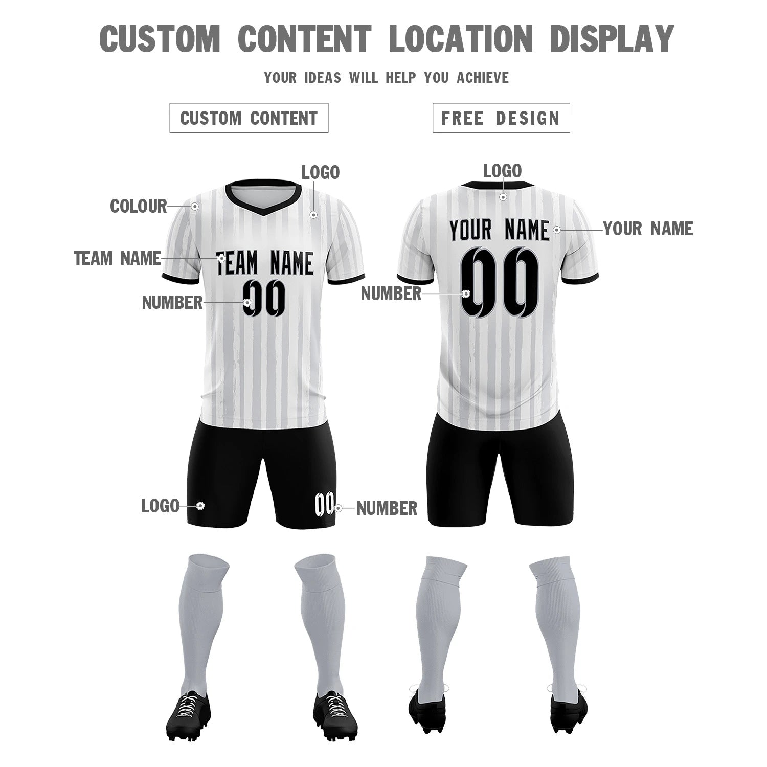 Custom White Black Breathable Soccer Sets Jersey