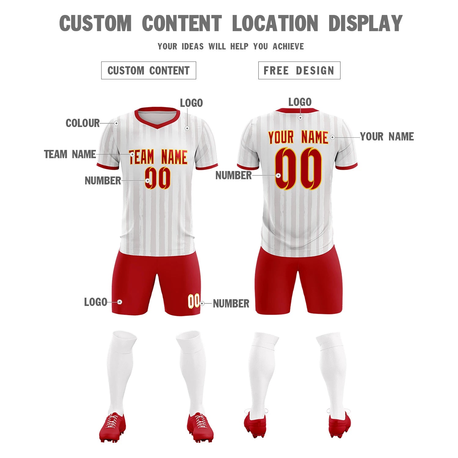 Custom White Red Breathable Soccer Sets Jersey