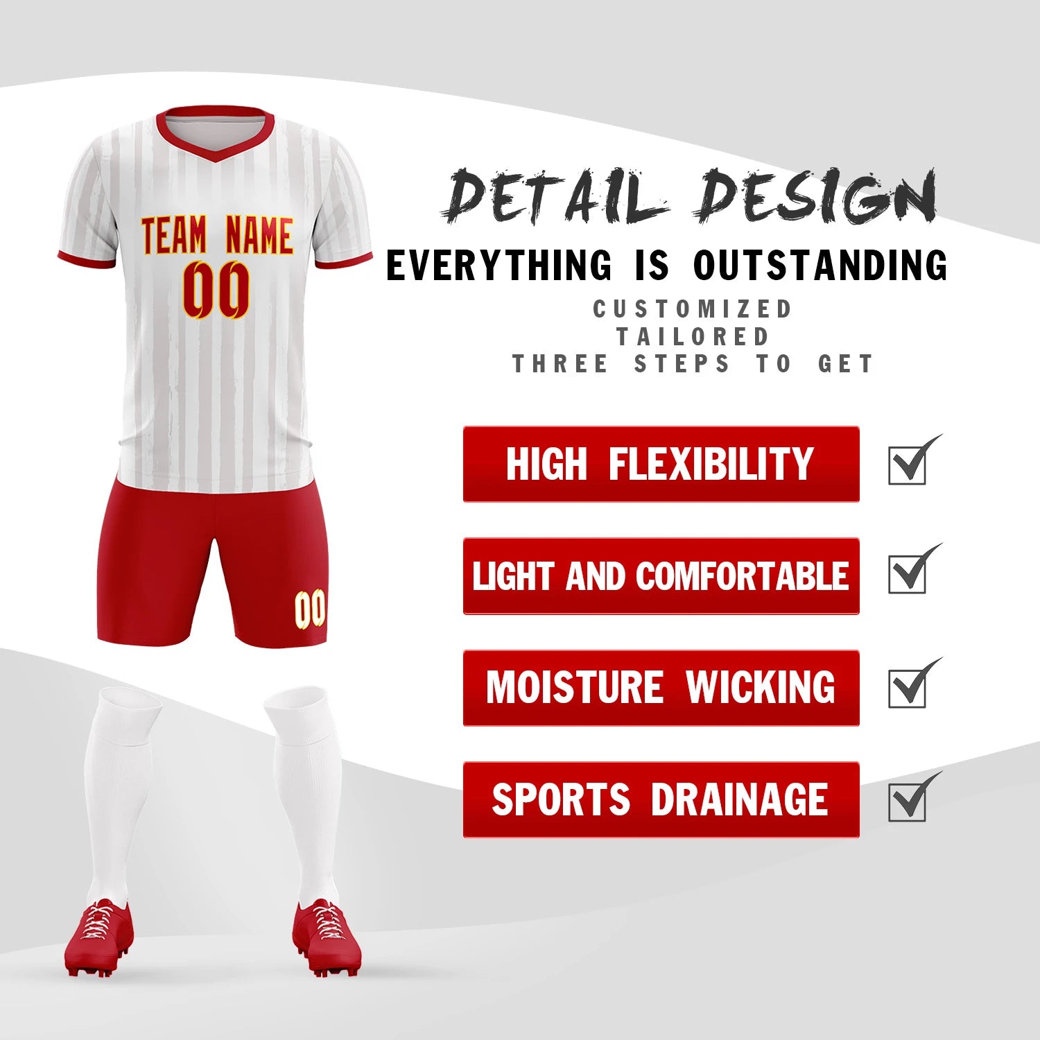 Custom White Red Breathable Soccer Sets Jersey