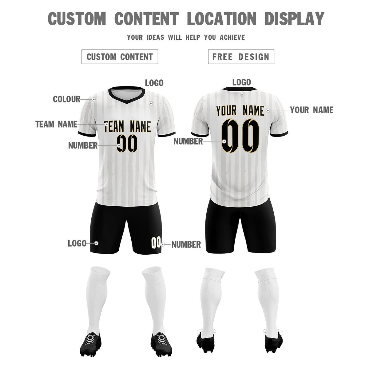 Custom White Black Breathable Soccer Sets Jersey