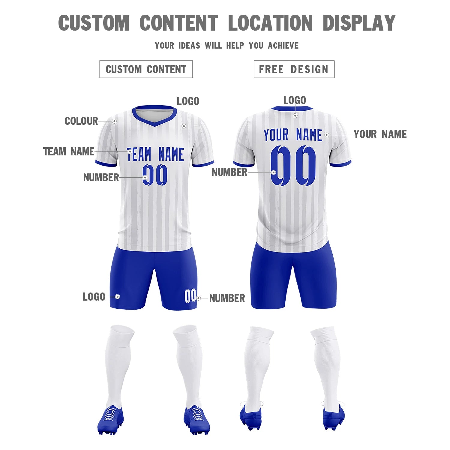 Custom White Royal Blue Breathable Soccer Sets Jersey
