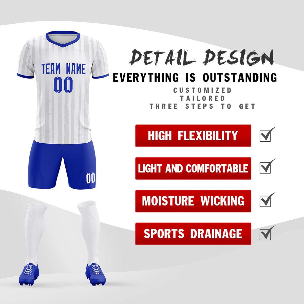 Custom White Royal Blue Breathable Soccer Sets Jersey