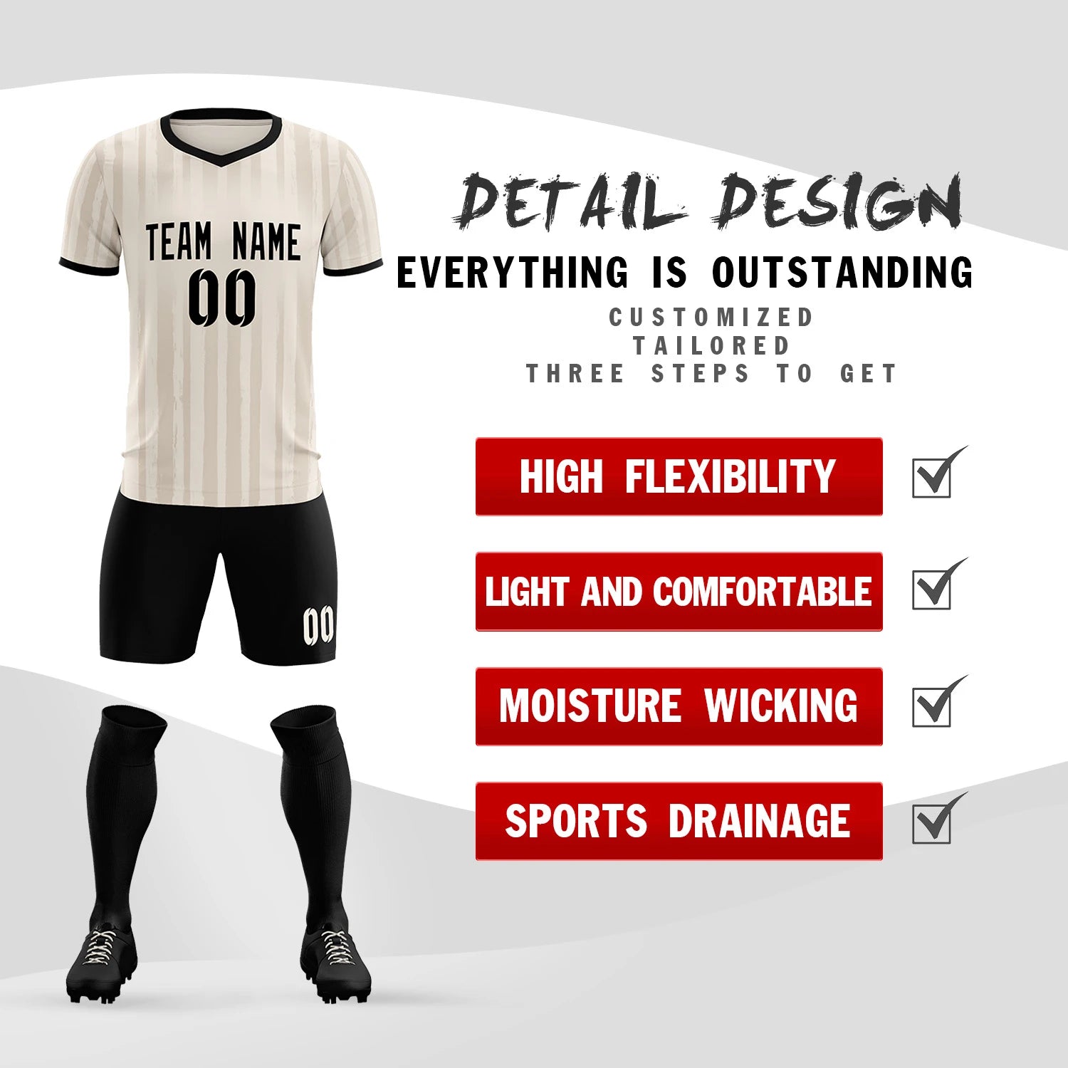 Custom Khaki Black Breathable Soccer Sets Jersey