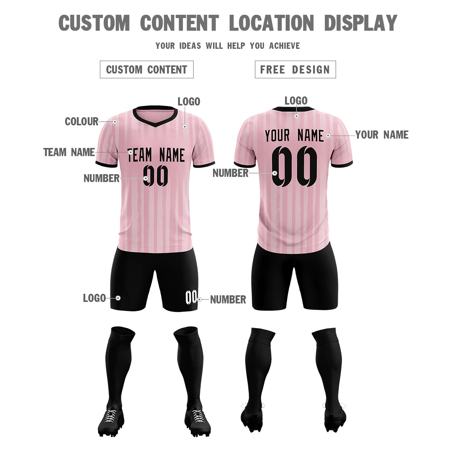 Custom Light Pink Black Breathable Soccer Sets Jersey