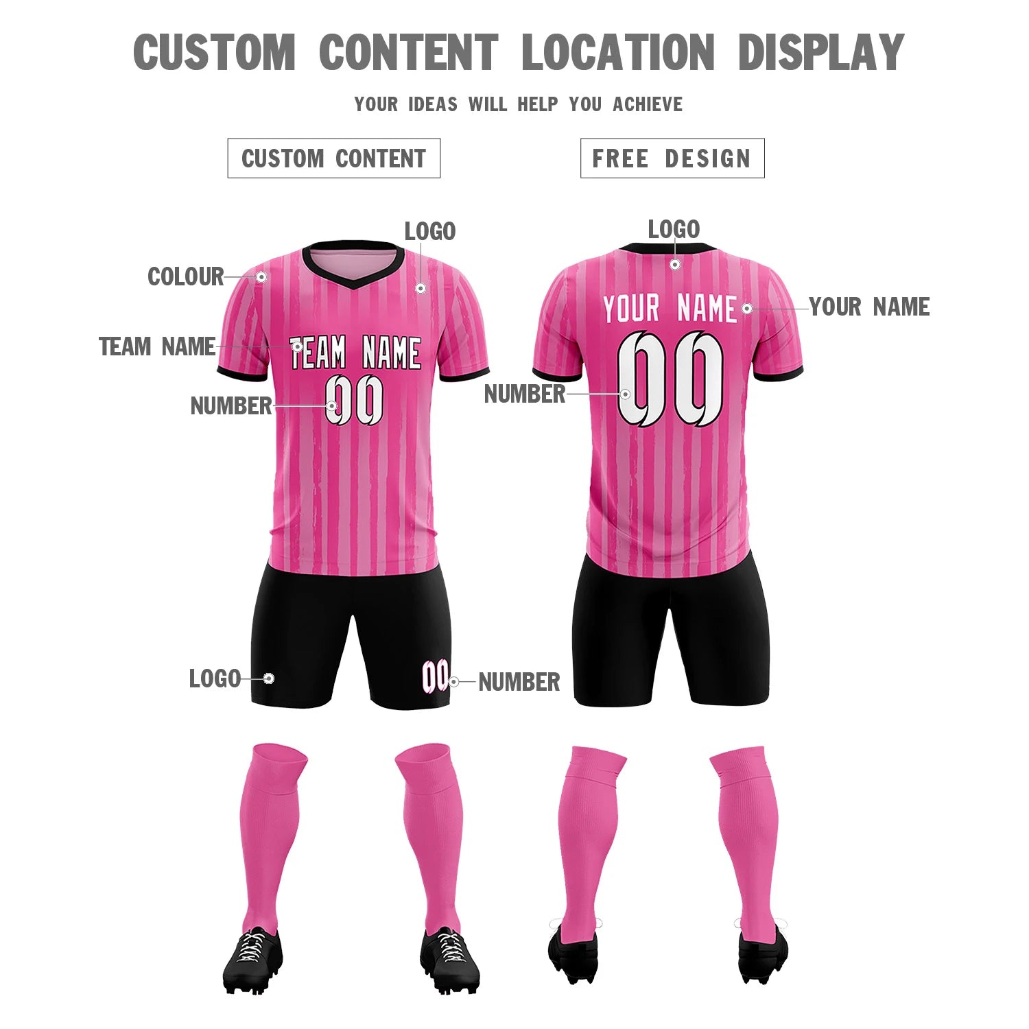 Custom Pink Black Breathable Soccer Sets Jersey