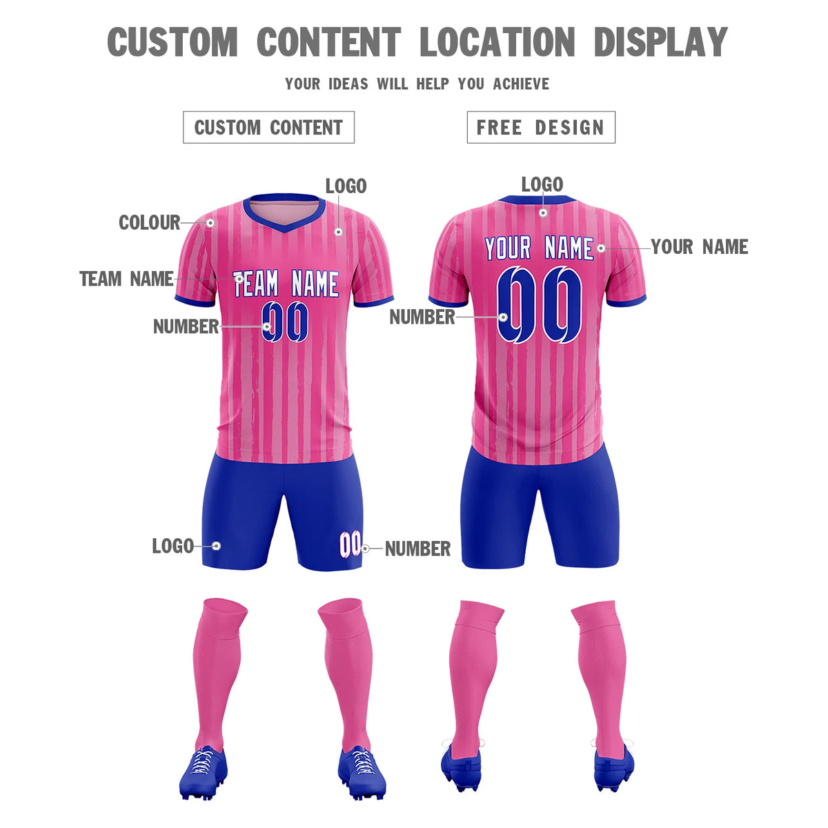 Custom Pink Royal Blue Breathable Soccer Sets Jersey