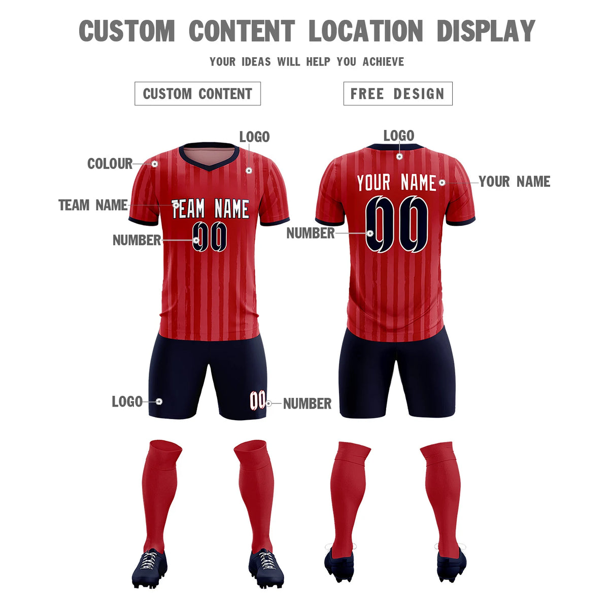 Custom Red Navy Breathable Soccer Sets Jersey