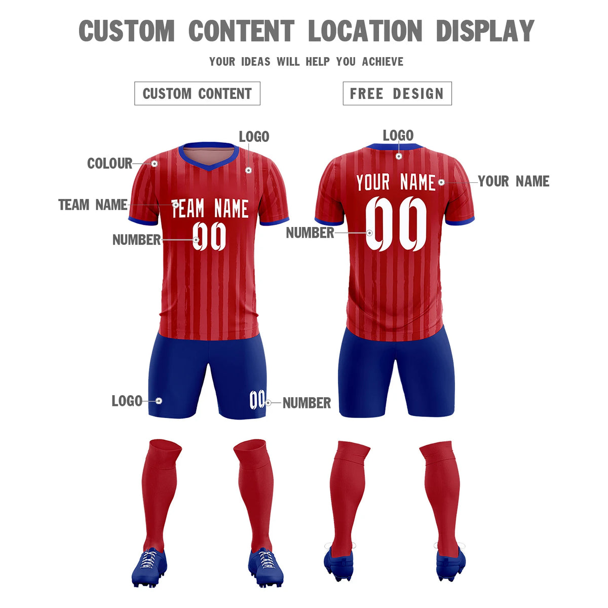 Custom Red Royal Blue Breathable Soccer Sets Jersey
