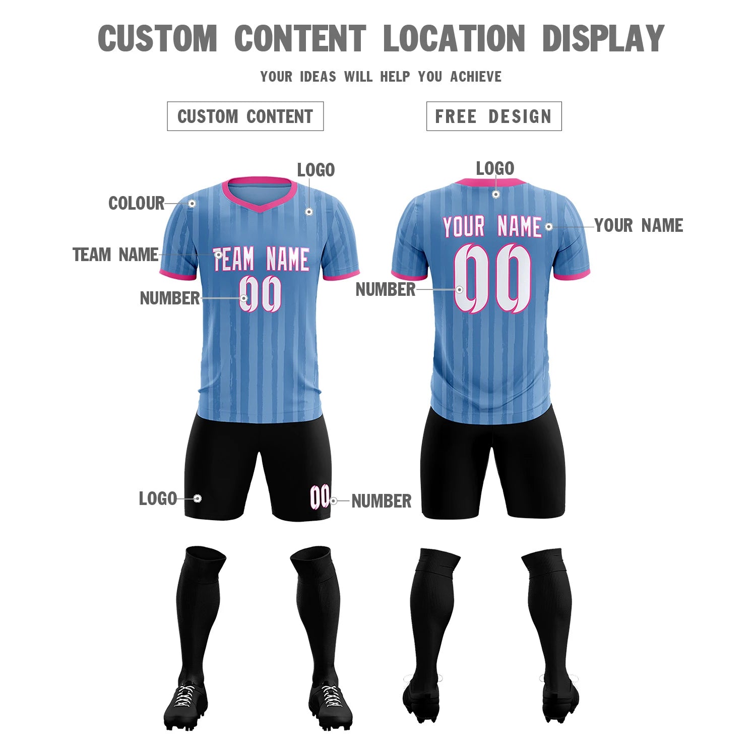 Custom Light Blue Pink Breathable Soccer Sets Jersey