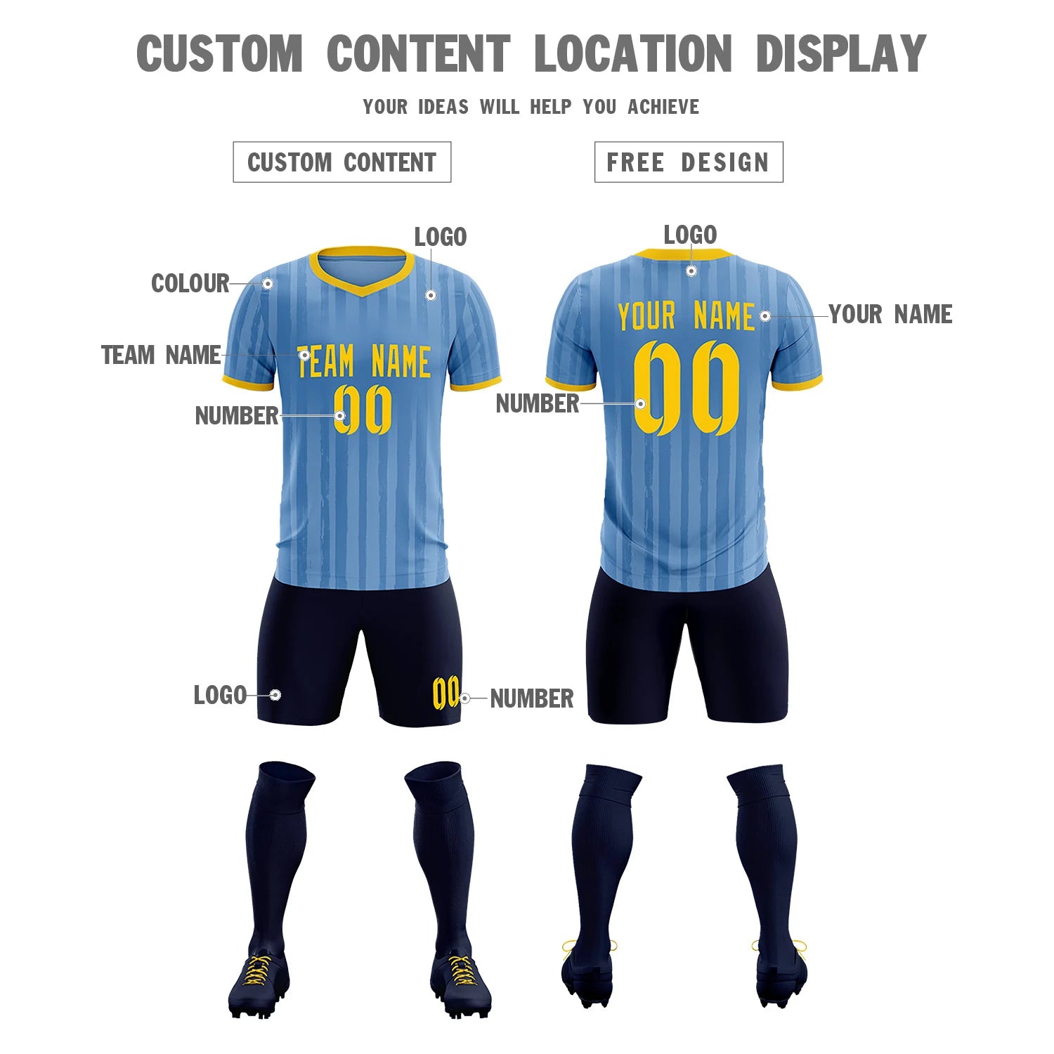 Custom Light Blue Gold 01 Breathable Soccer Sets Jersey
