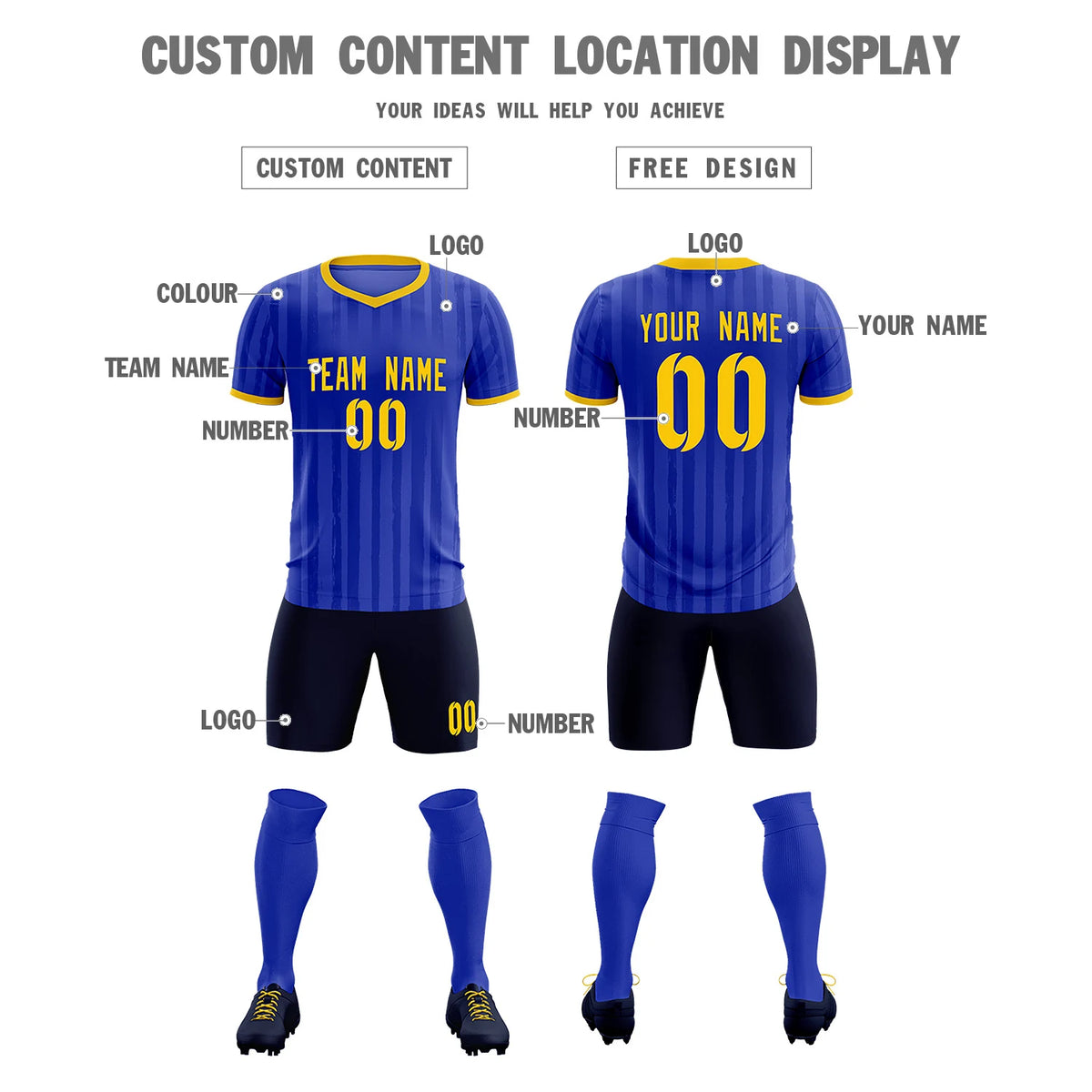 Custom Royal Blue Gold 01 Breathable Soccer Sets Jersey