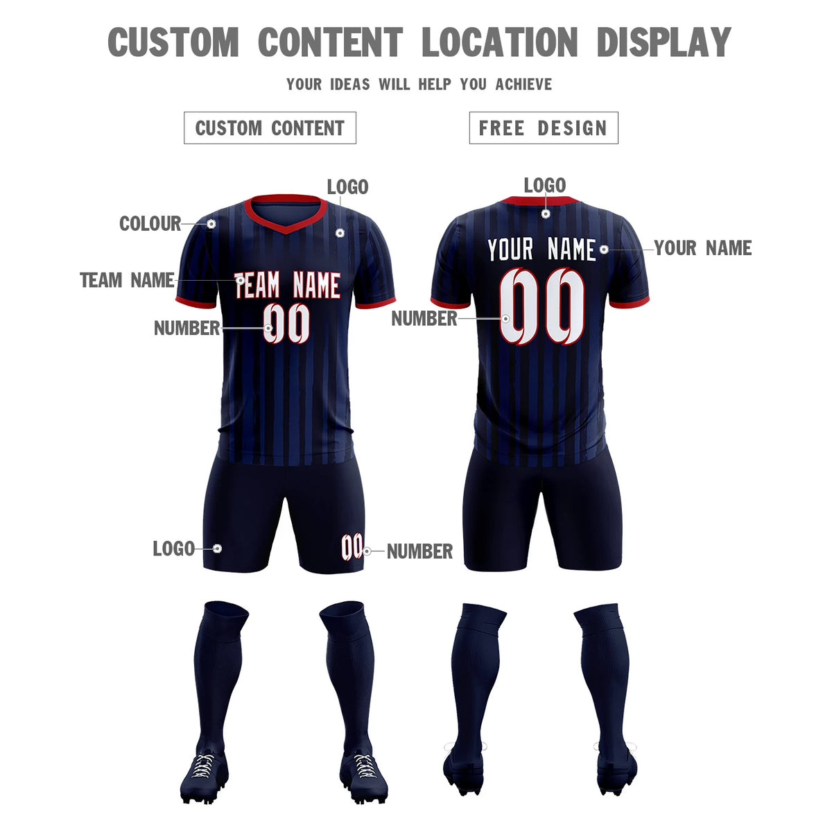 Custom Navy Red Breathable Soccer Sets Jersey