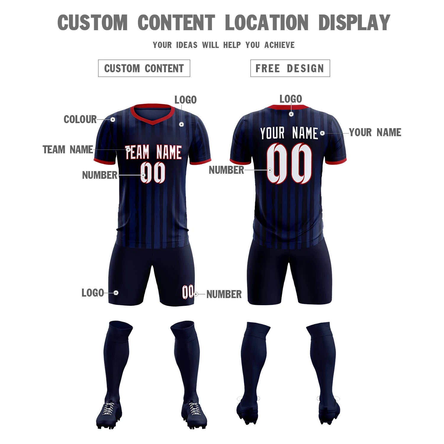 Custom Navy Red Breathable Soccer Sets Jersey