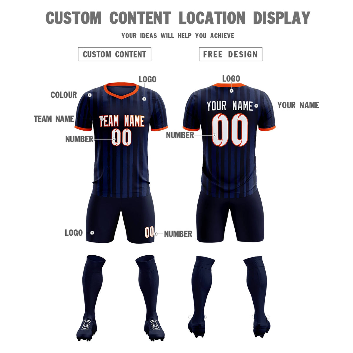 Custom Navy Orange Breathable Soccer Sets Jersey