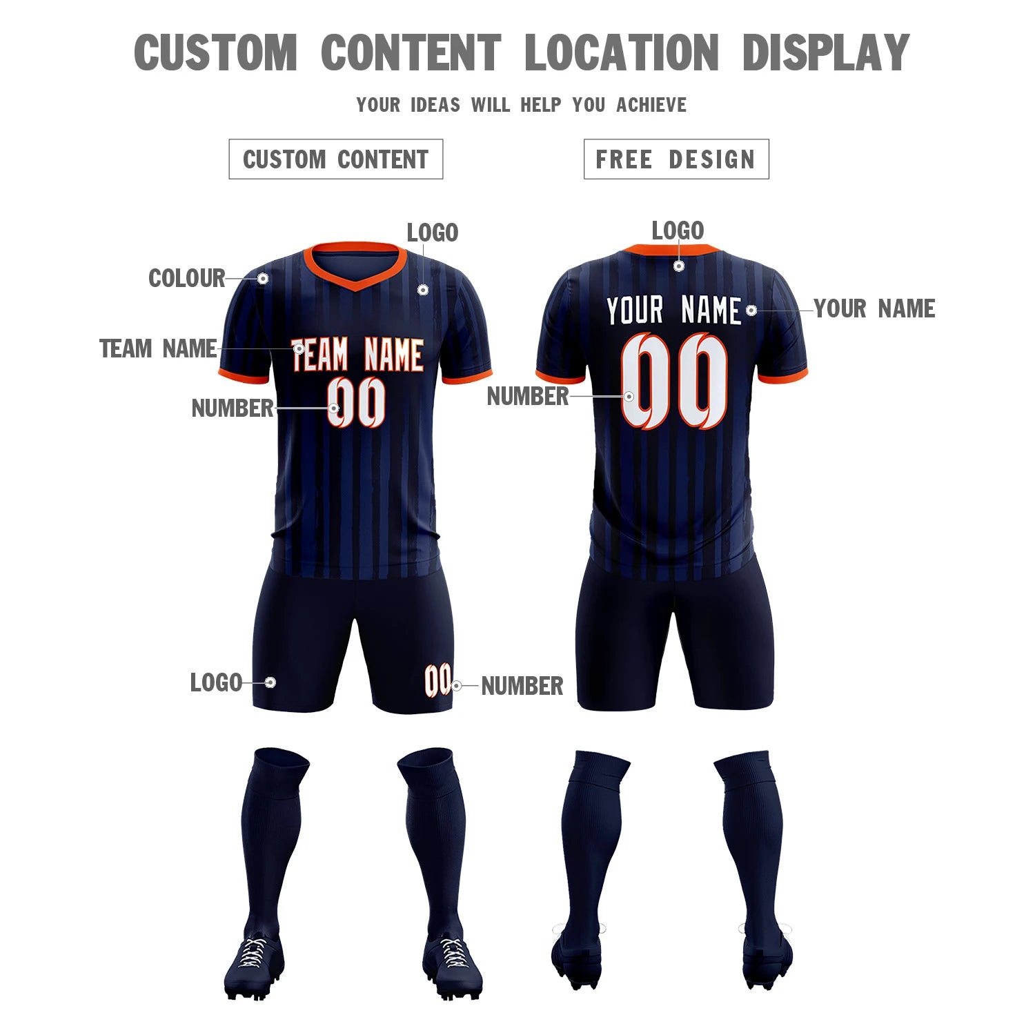 Custom Navy Orange Breathable Soccer Sets Jersey