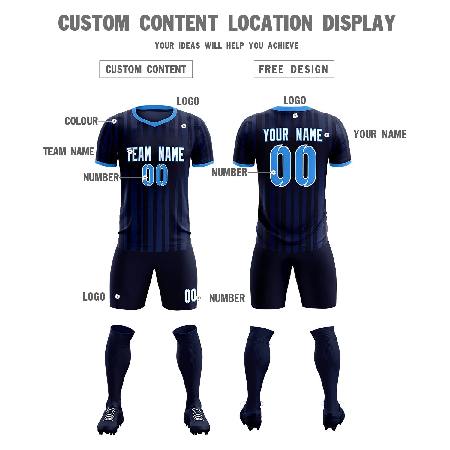 Custom Navy Powder Blue Breathable Soccer Sets Jersey