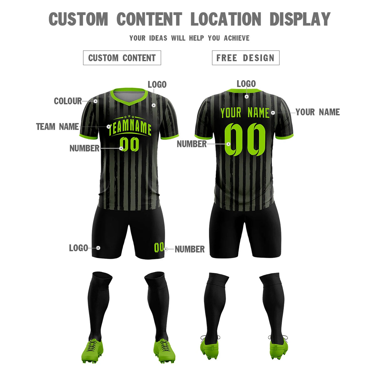 Custom Black Neon Green Breathable Soccer Sets Jersey