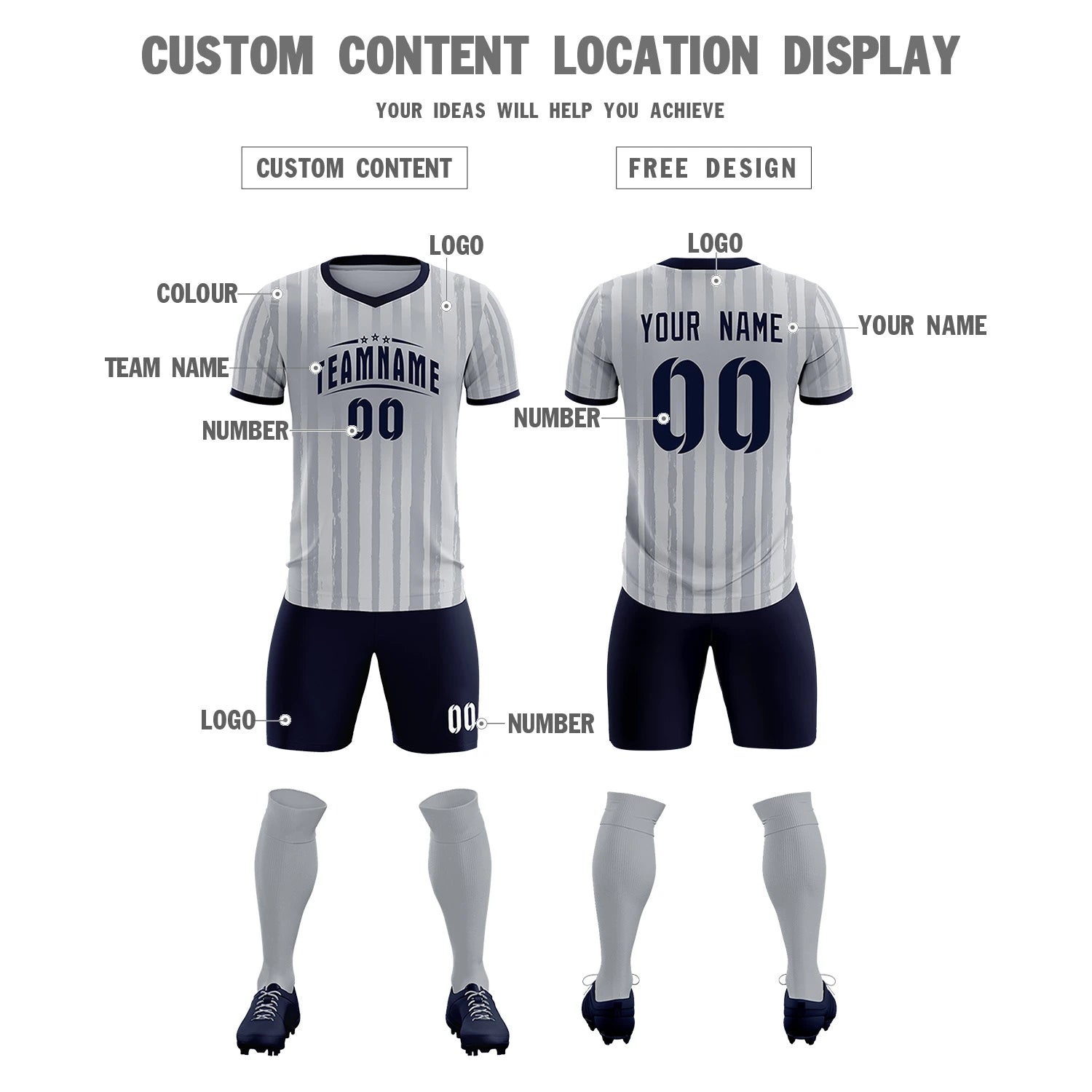 Custom Gray Navy Breathable Soccer Sets Jersey