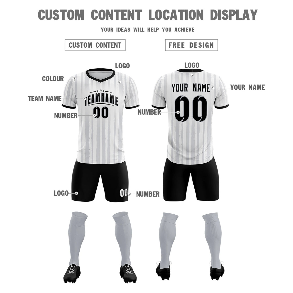 Custom White Black Breathable Soccer Sets Jersey