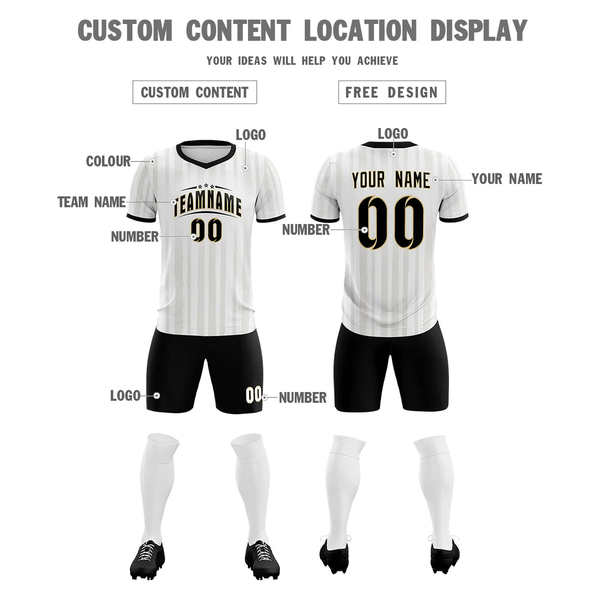 Custom White Black Breathable Soccer Sets Jersey