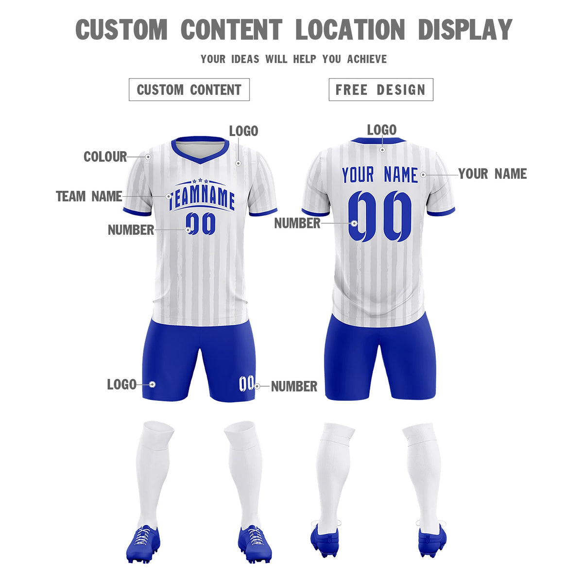 Custom White Royal Blue Breathable Soccer Sets Jersey