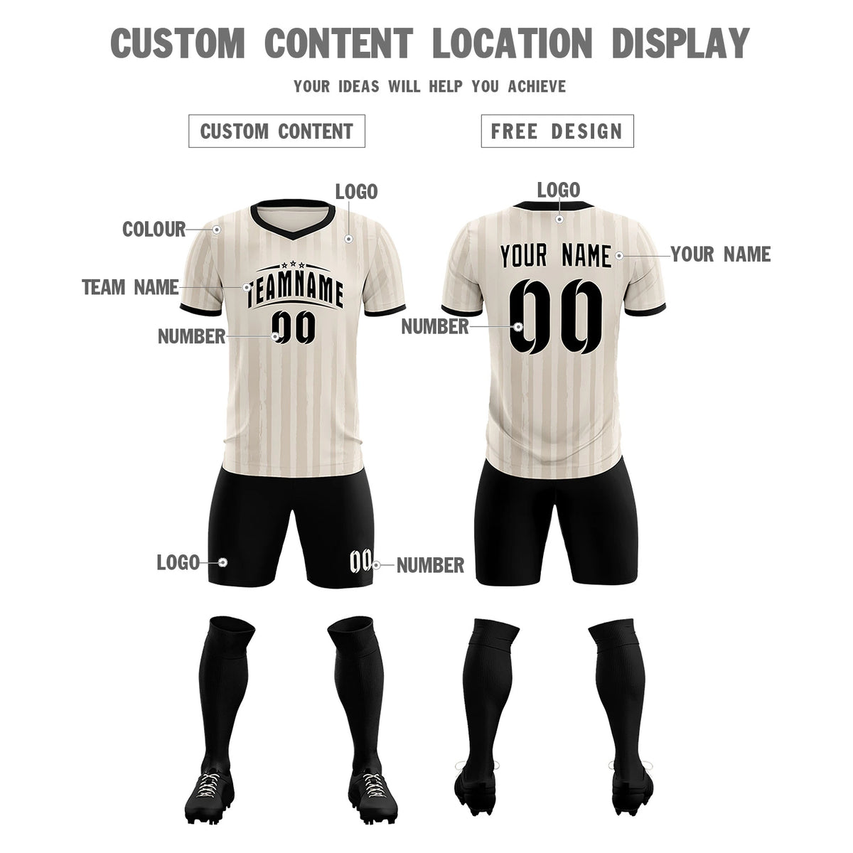 Custom Khaki Black Breathable Soccer Sets Jersey