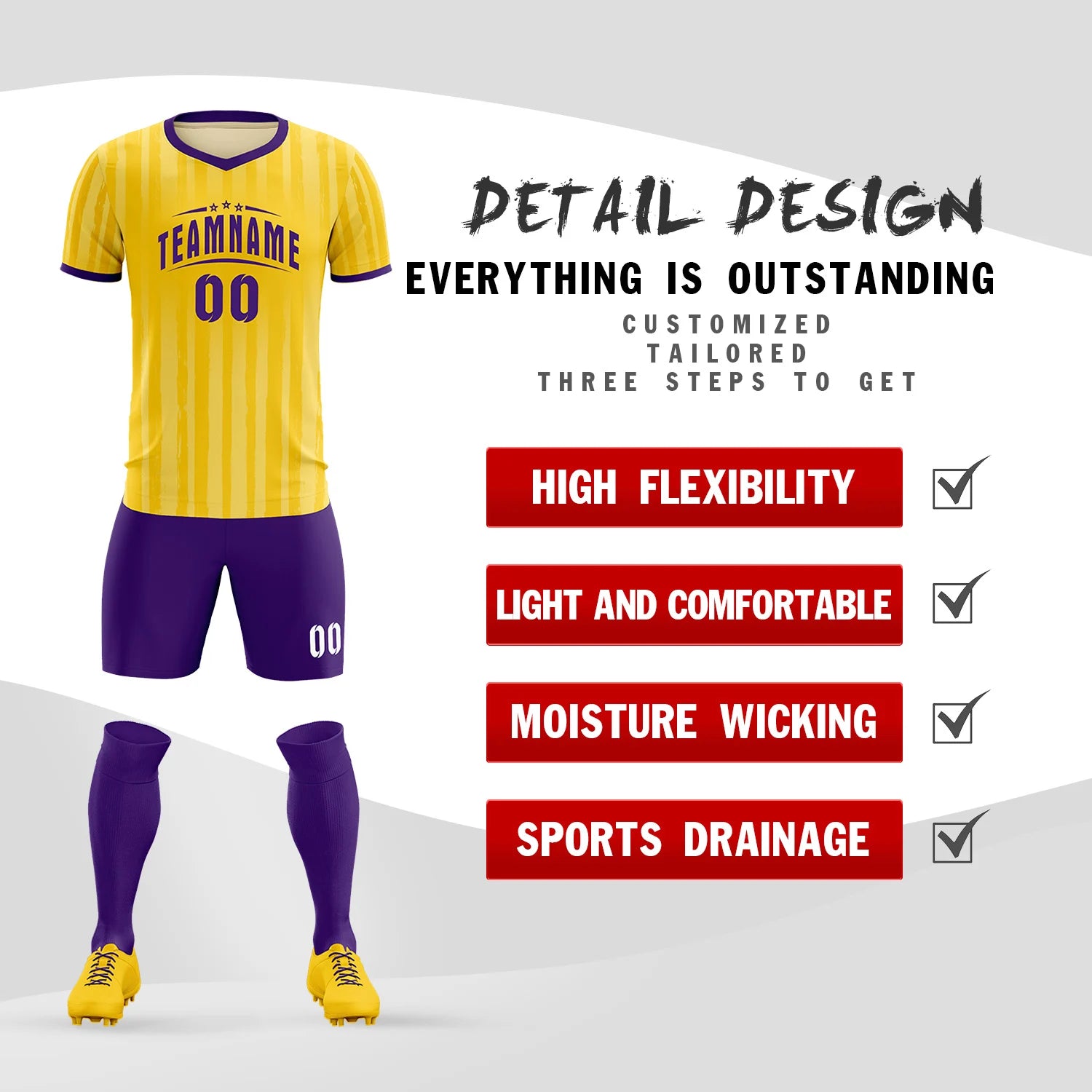 Custom Gold 01 Purple Breathable Soccer Sets Jersey