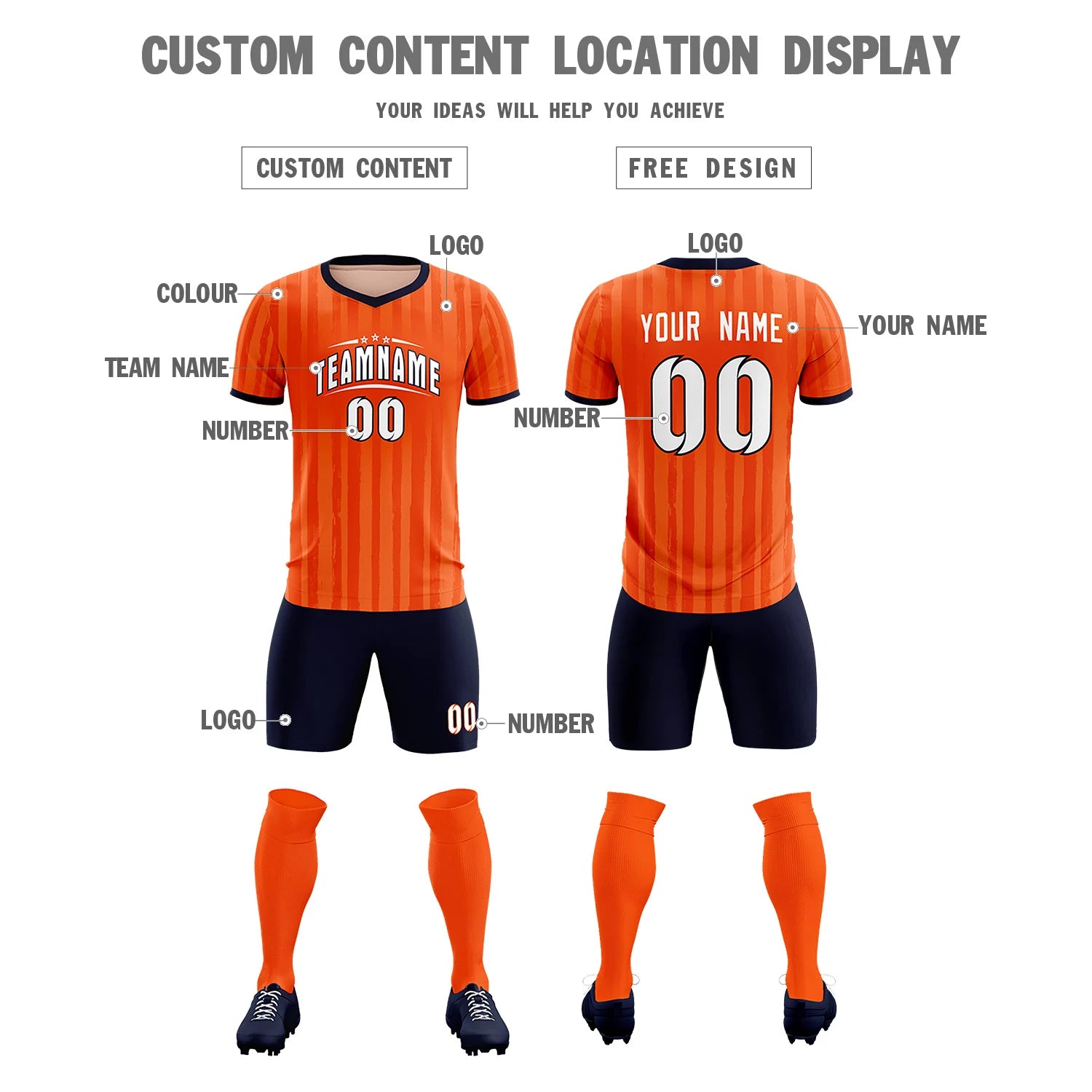 Custom Orange Navy Breathable Soccer Sets Jersey
