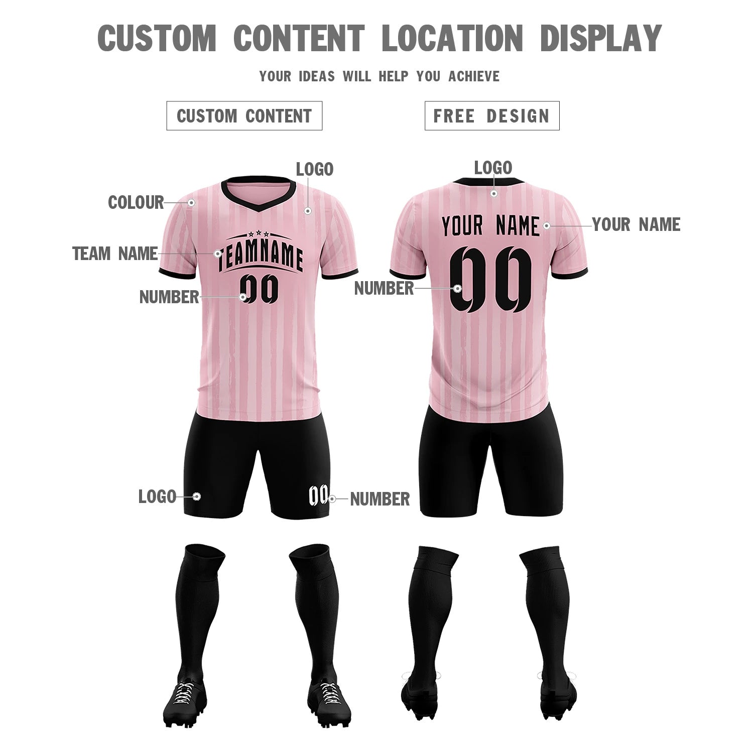 Custom Light Pink Black Breathable Soccer Sets Jersey