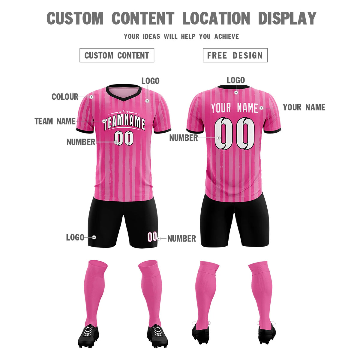 Custom Pink Black Breathable Soccer Sets Jersey