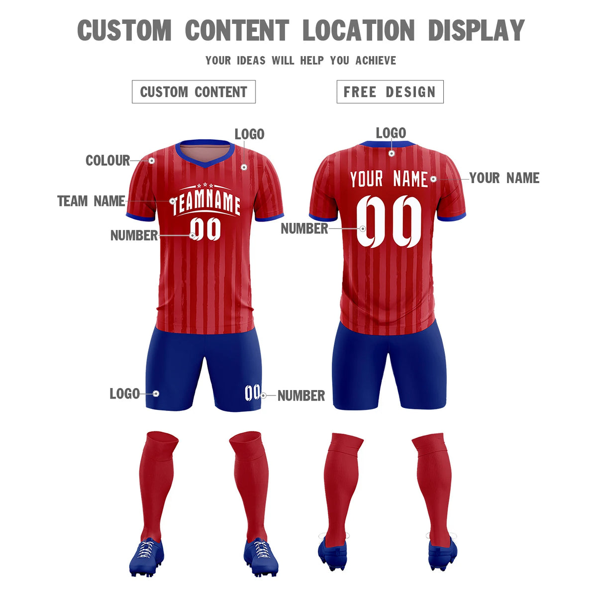 Custom Red Royal Blue Breathable Soccer Sets Jersey