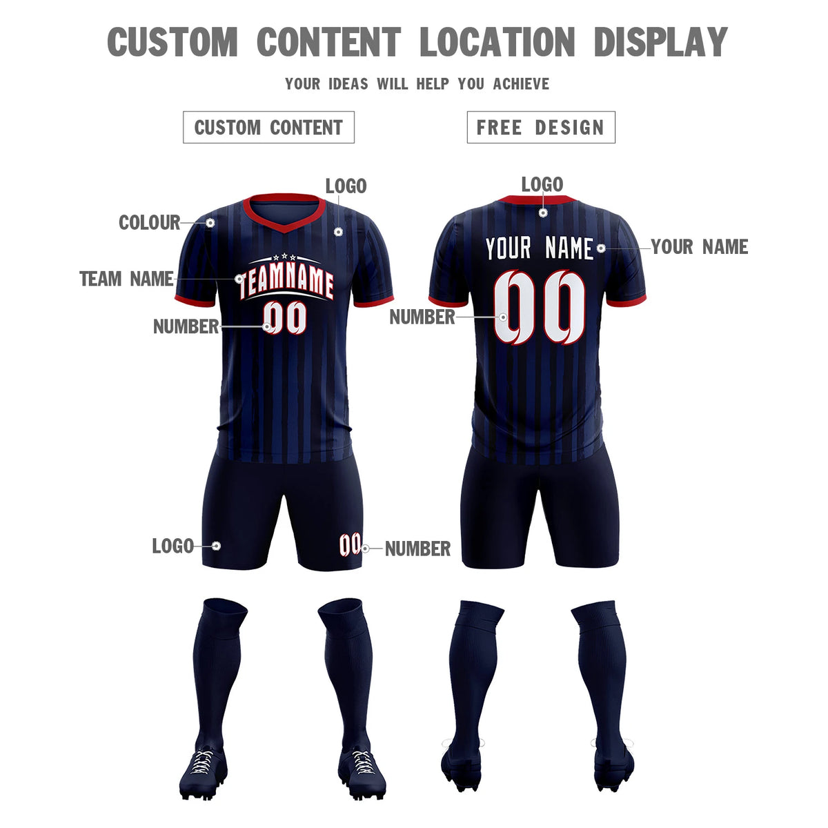 Custom Navy Red Breathable Soccer Sets Jersey