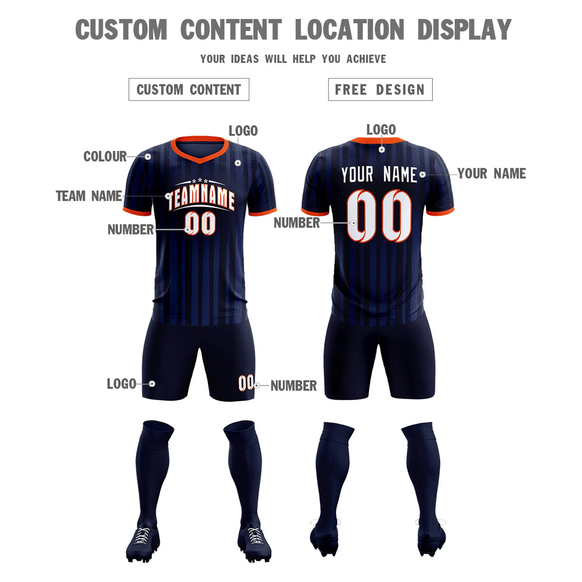 Custom Navy Orange Breathable Soccer Sets Jersey