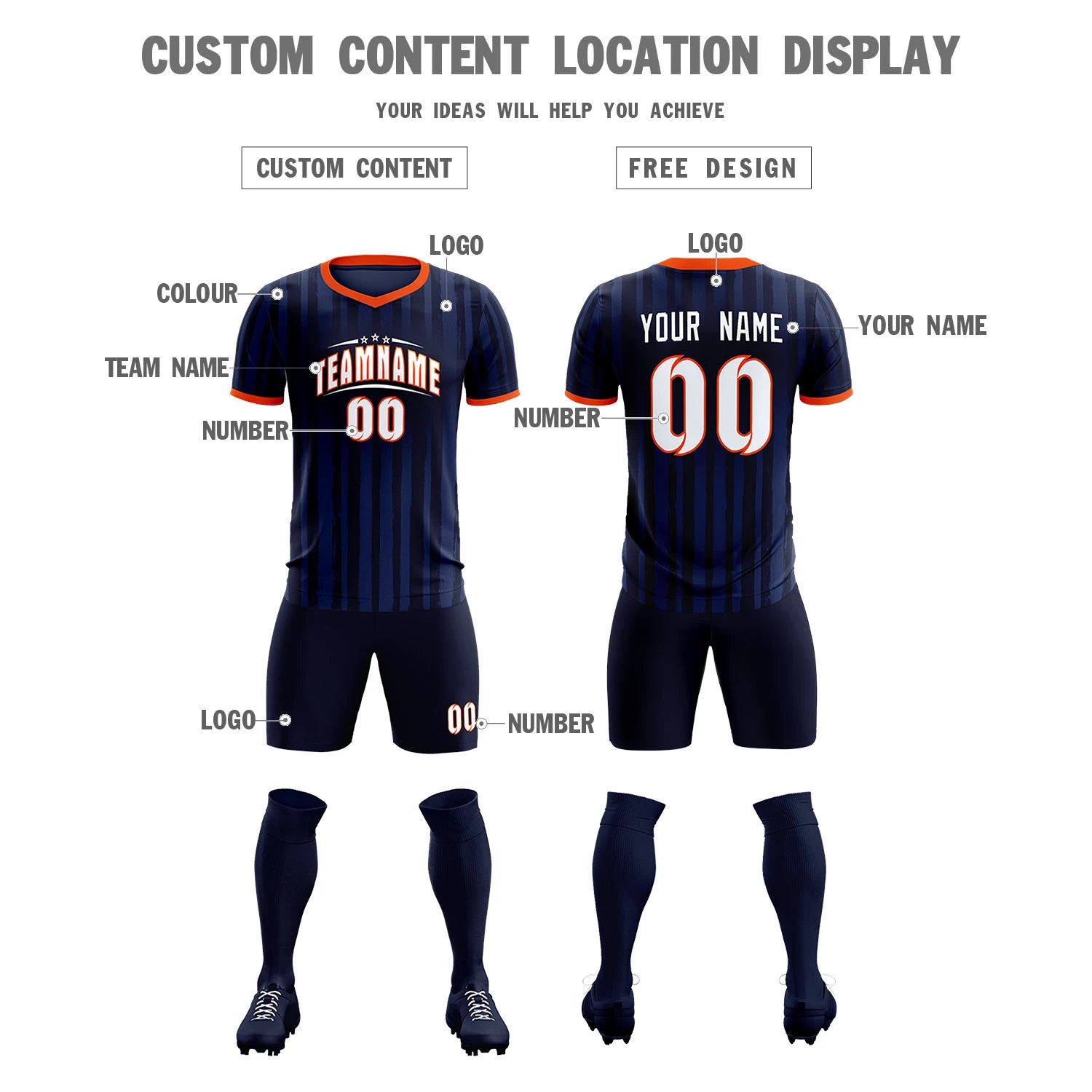 Custom Navy Orange Breathable Soccer Sets Jersey