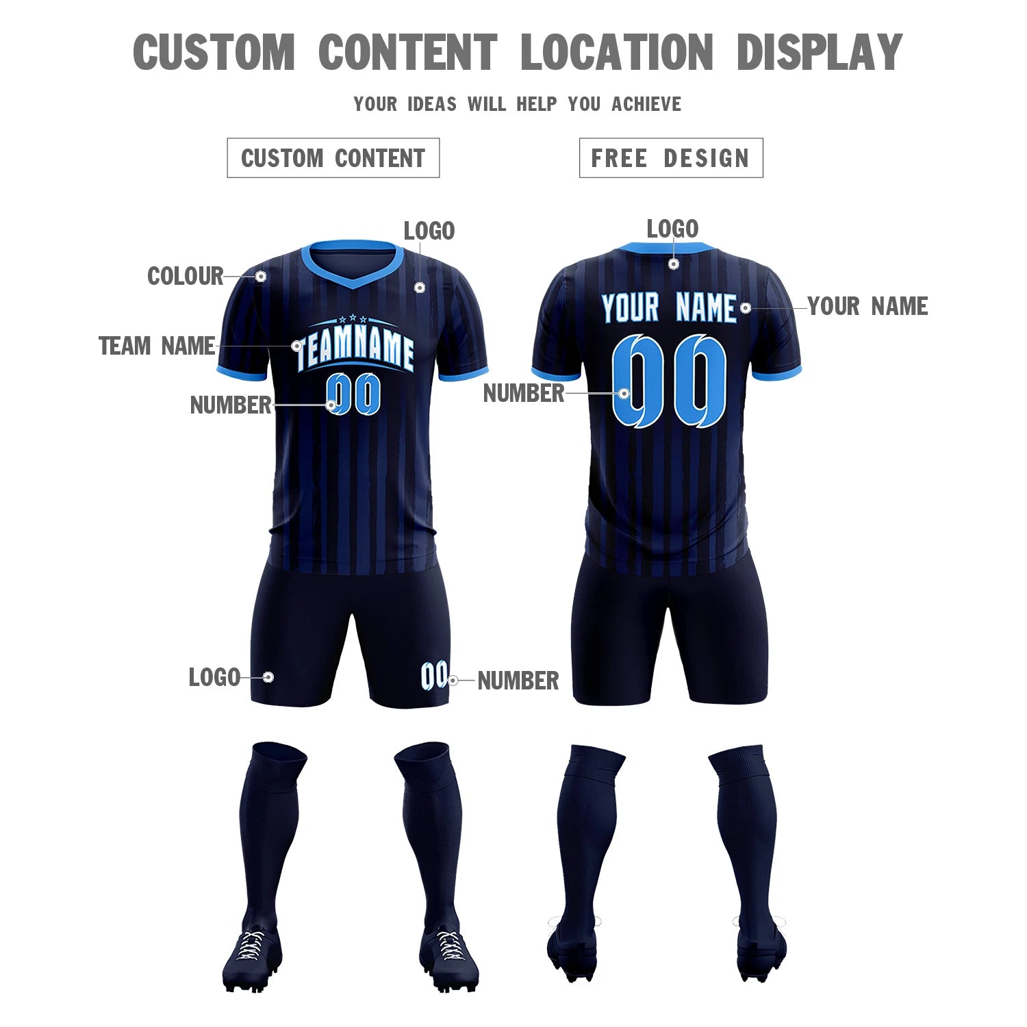 Custom Navy Powder Blue Breathable Soccer Sets Jersey