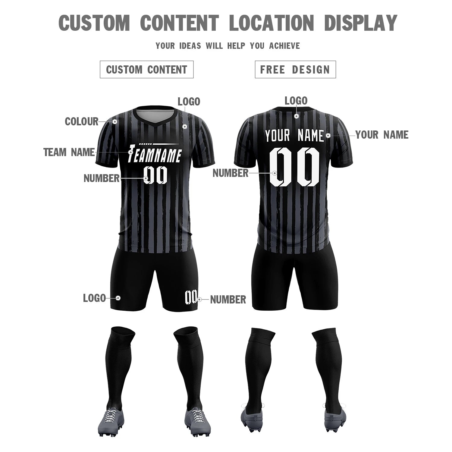 Custom Black Black Breathable Soccer Sets Jersey