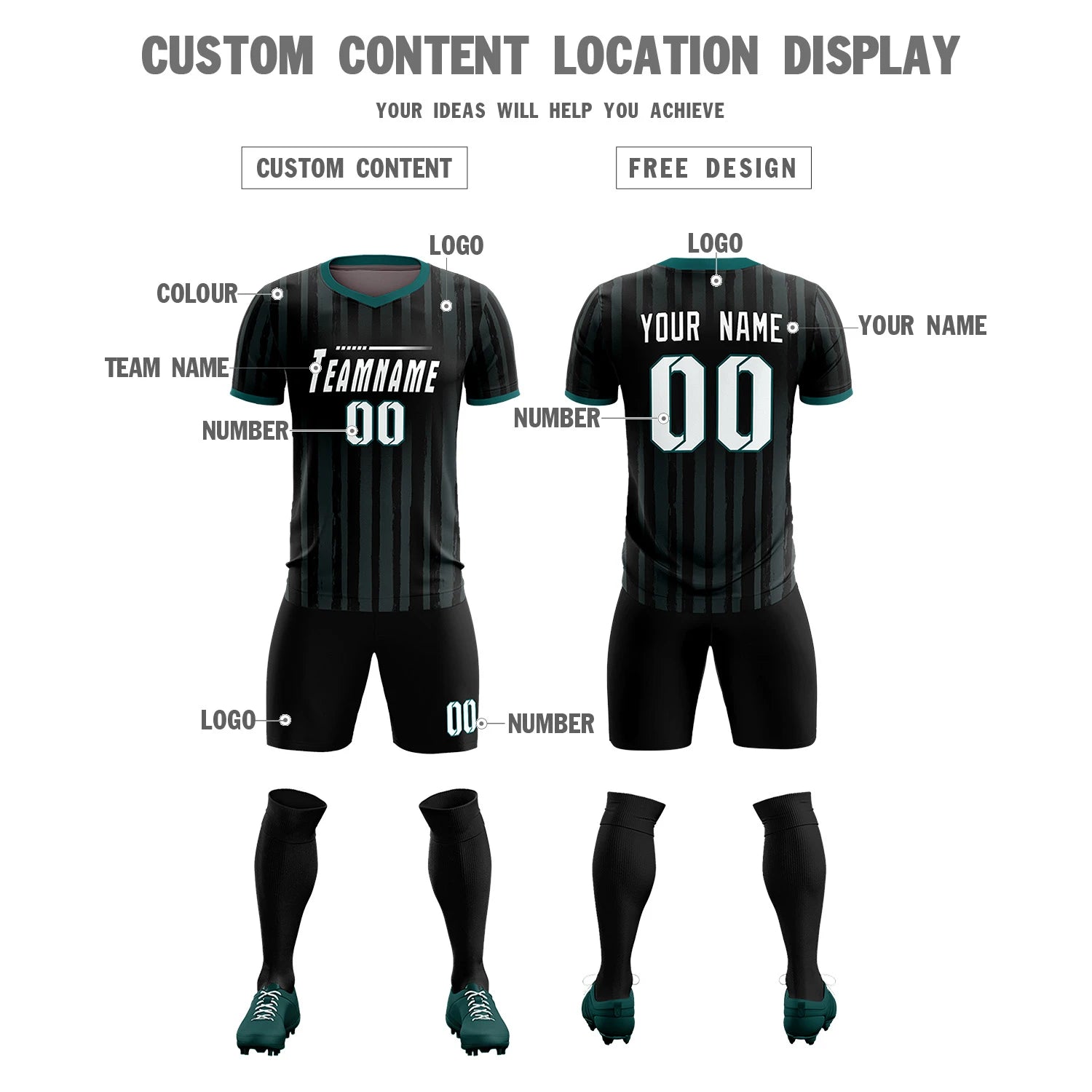 Custom Black Midnight Green Breathable Soccer Sets Jersey