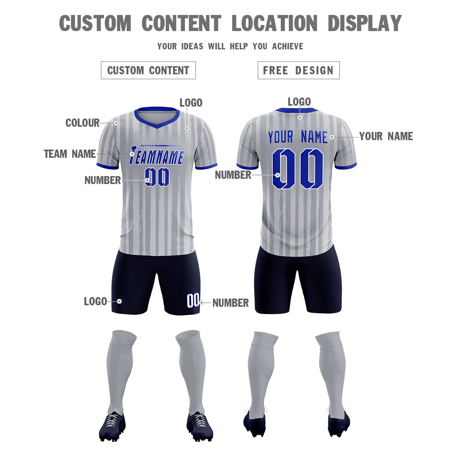 Custom Gray Royal Blue Breathable Soccer Sets Jersey