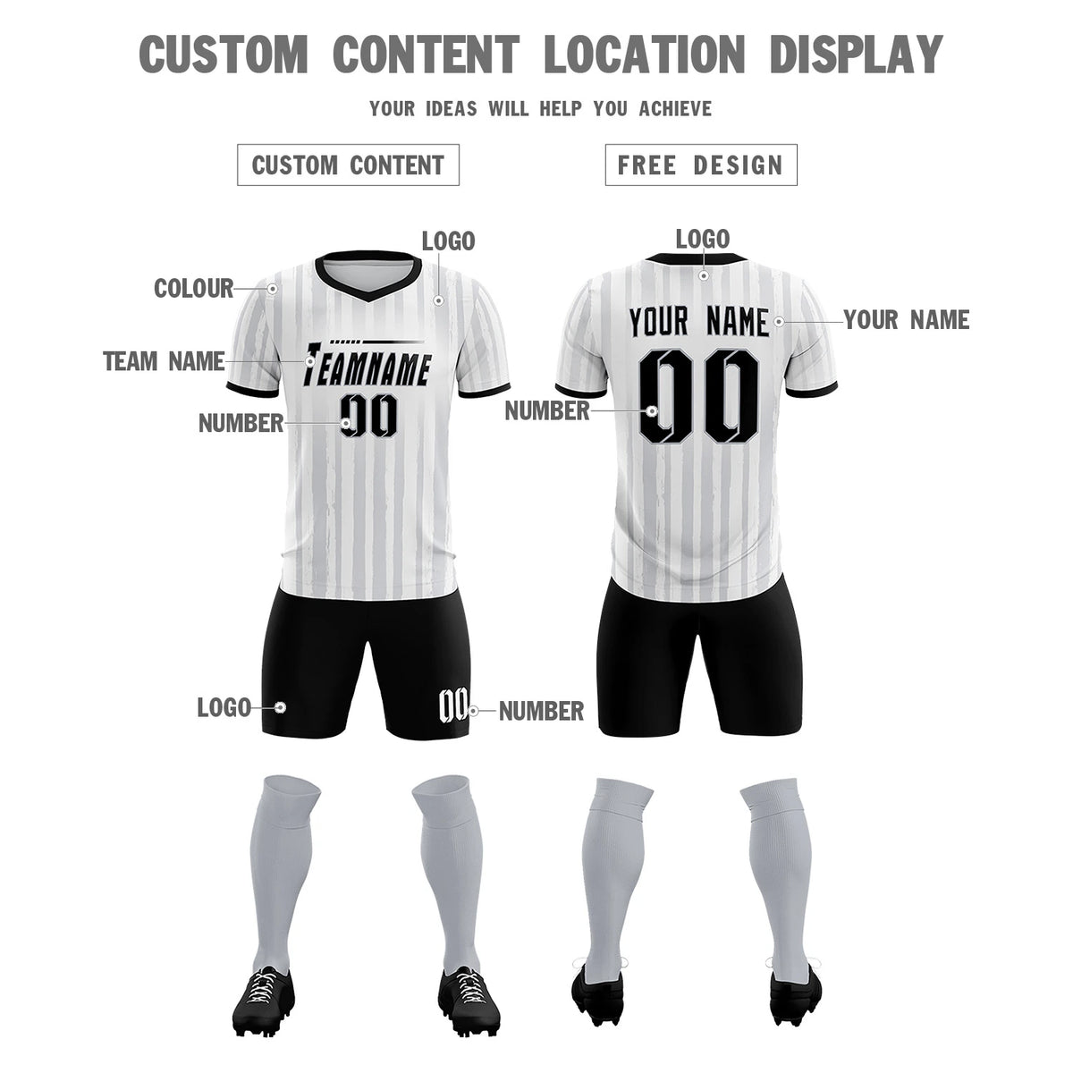 Custom White Black Breathable Soccer Sets Jersey