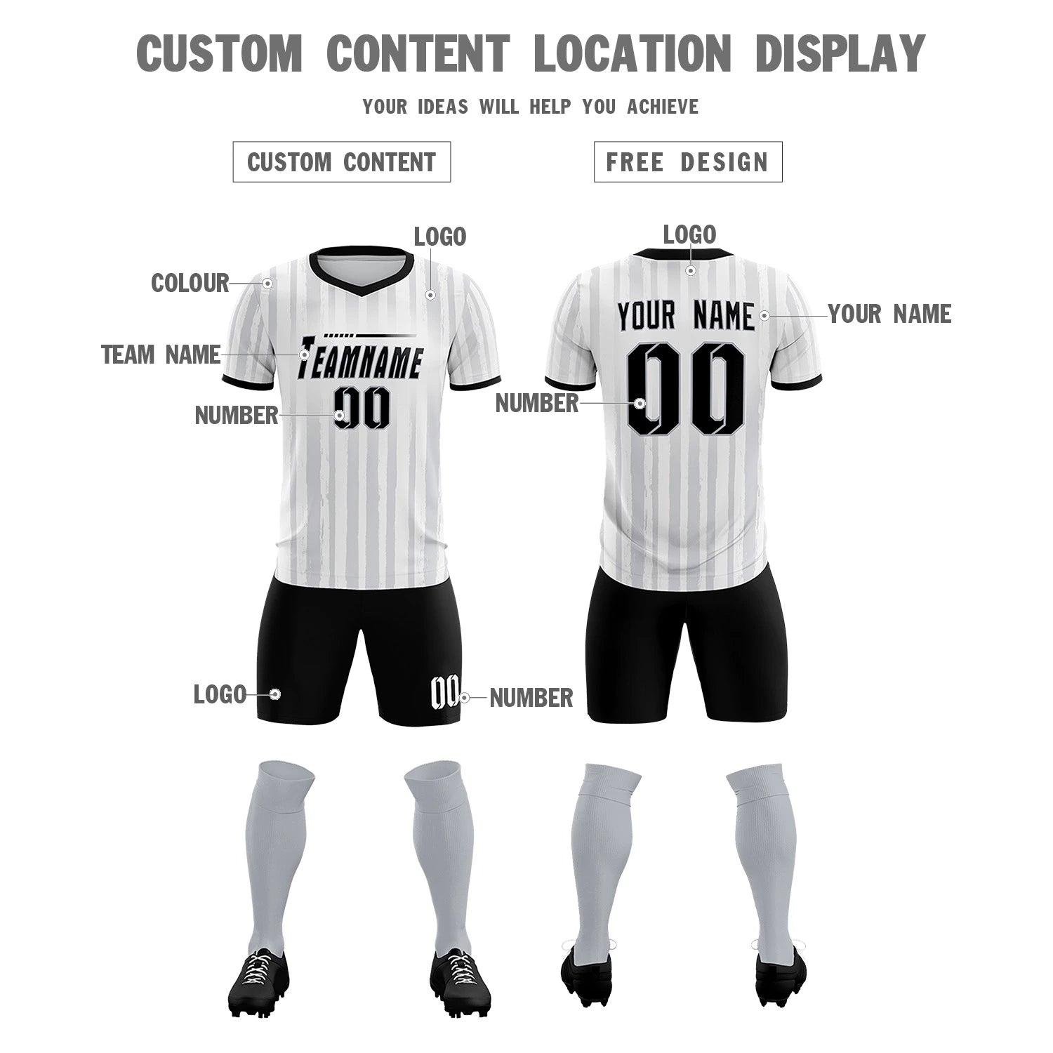 Custom White Black Breathable Soccer Sets Jersey
