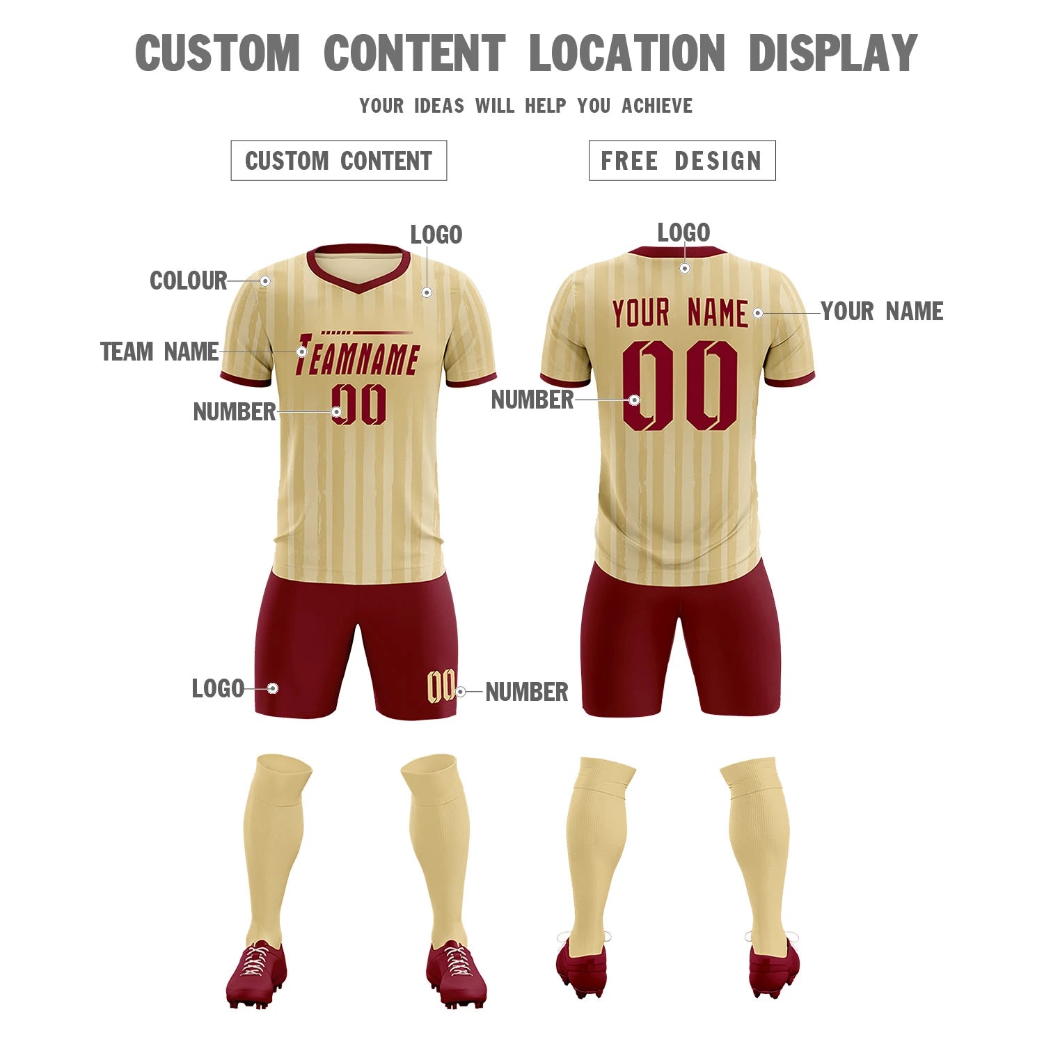 Custom Khaki Crimson Breathable Soccer Sets Jersey
