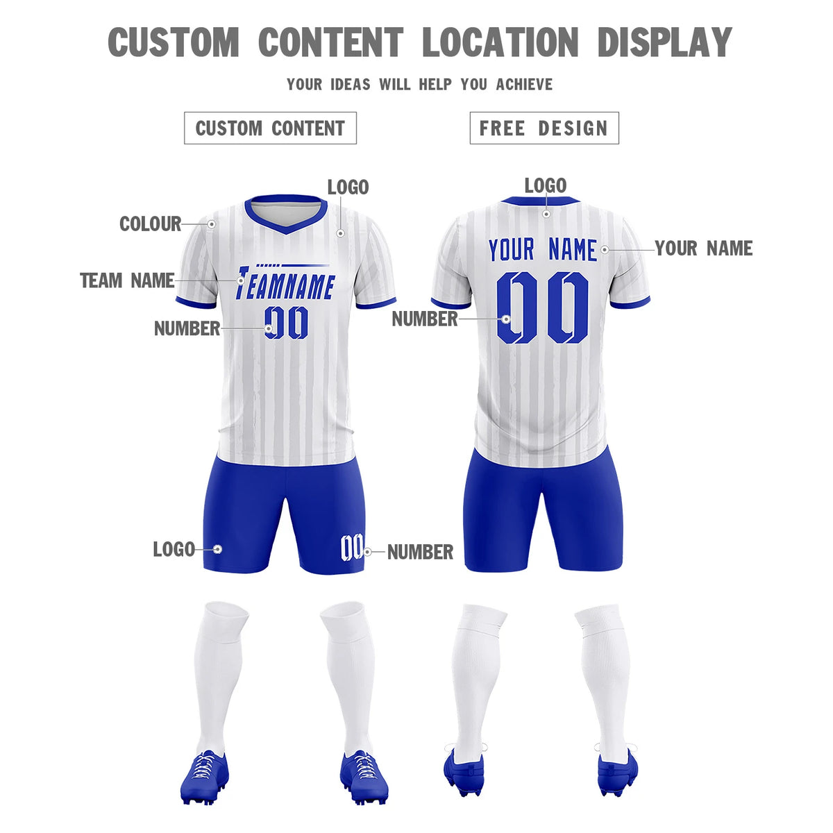 Custom White Royal Blue Breathable Soccer Sets Jersey