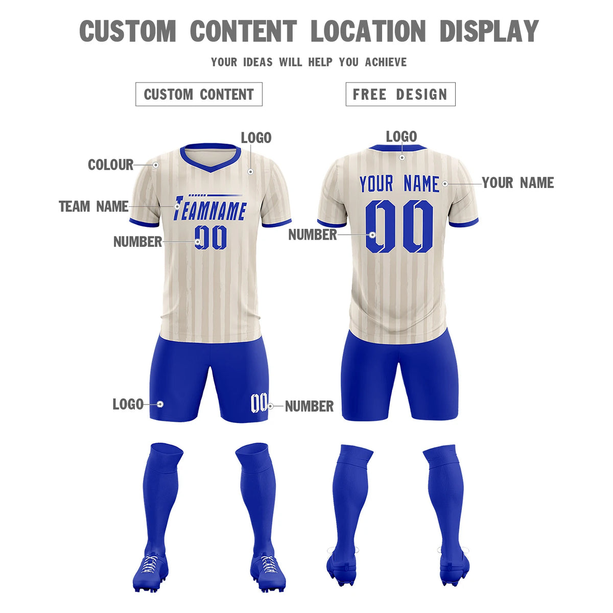 Custom Khaki Royal Blue Breathable Soccer Sets Jersey