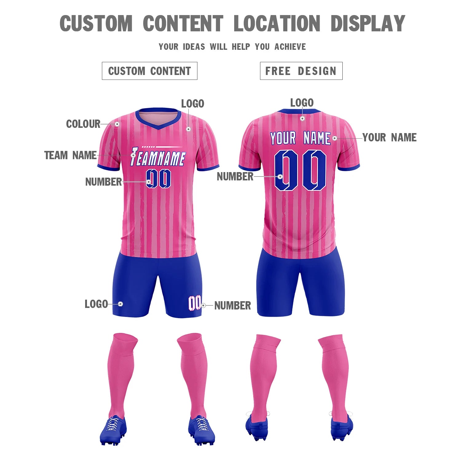 Custom Pink Royal Blue Breathable Soccer Sets Jersey